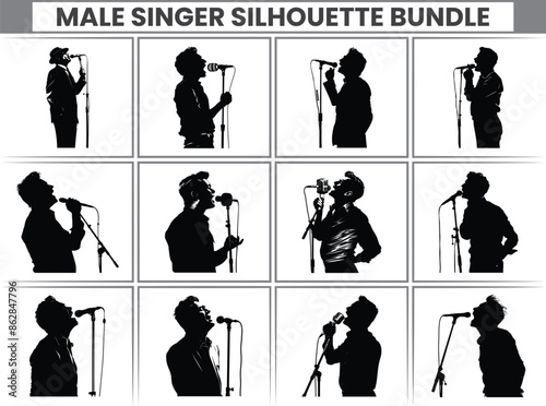 Male Singer Silhouette Bundle, Standing Male and Female Singing On Mic, Female singer singing silhouette, vocalist singing to microphone