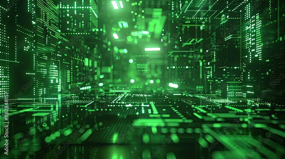 Abstract tech background. Retro green monochrome phosphor monitor display with pixel sorting glitch effect Abstract tech background. Retro green monochrome phosphor monitor display with pixel sorting glitch effect