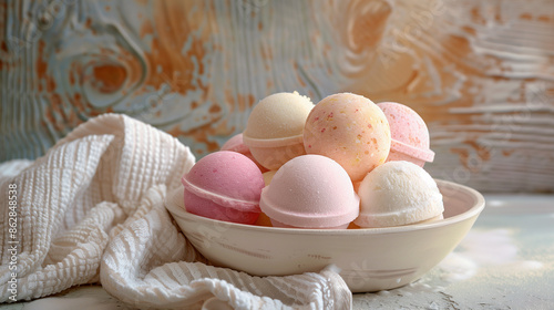 Bath bombs in a ceramic bowl. photo