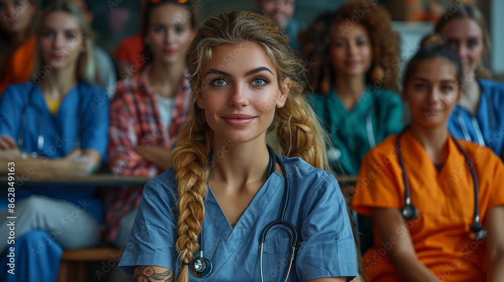 Smiling Female Nurse In A Classroom Setting Smiling Female Nurse In A Classroom Setting
