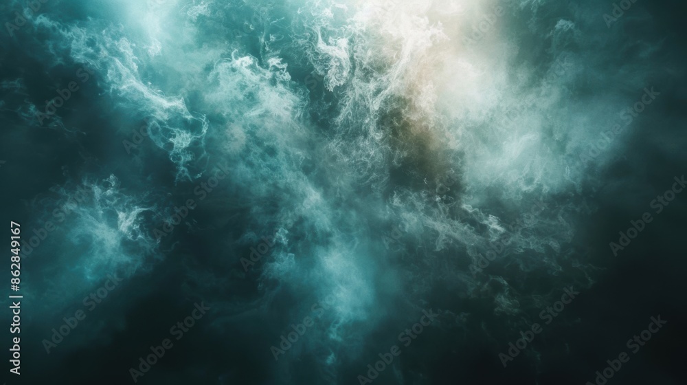 Dreamy abstract image of ethereal smoke swirling in shades of teal and white, creating a mystical and calming effect. Dreamy abstract image of ethereal smoke swirling in shades of teal and white, creating a mystical and calming effect.
