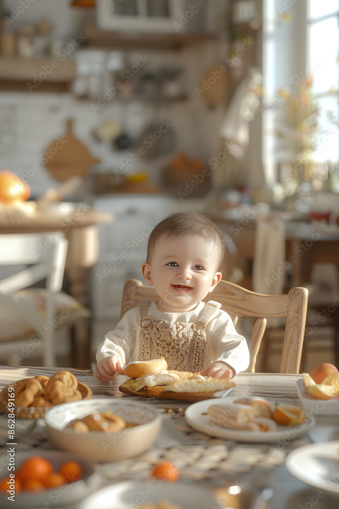Picture of an Asian toddler sitting in a dining chair.
Picture of an Asian toddler sitting in a dining chair.