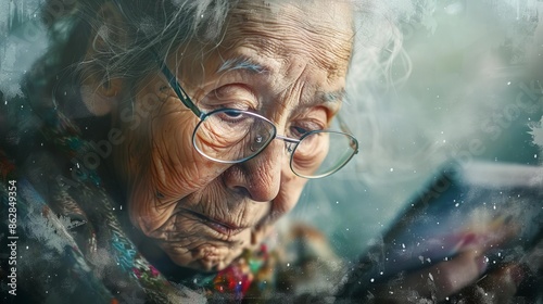 An aged person with a digital rejuvenation device, Soft colors, Vintage, Watercolor, Hopeful photo