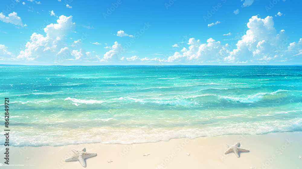 Sunny beach with starfish and blue sky Sunny beach with starfish and blue sky