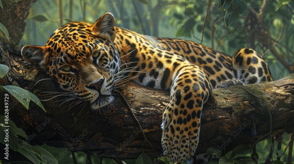 A regal jaguar lounging on a branch in a lush rainforest, 4k wallpaper. Generative AI A regal jaguar lounging on a branch in a lush rainforest, 4k wallpaper. Generative AI