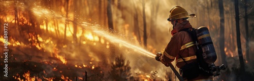 Firefighter Battling Wildfire In Forest During Daytime