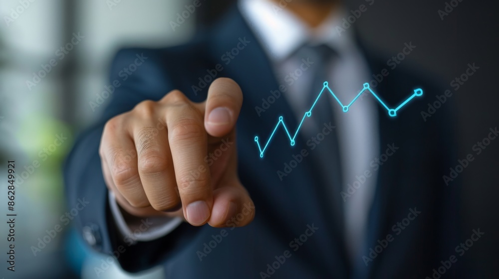 A businessman in a suit pointing at a rising graph, symbolizing business growth and success. A businessman in a suit pointing at a rising graph, symbolizing business growth and success.
