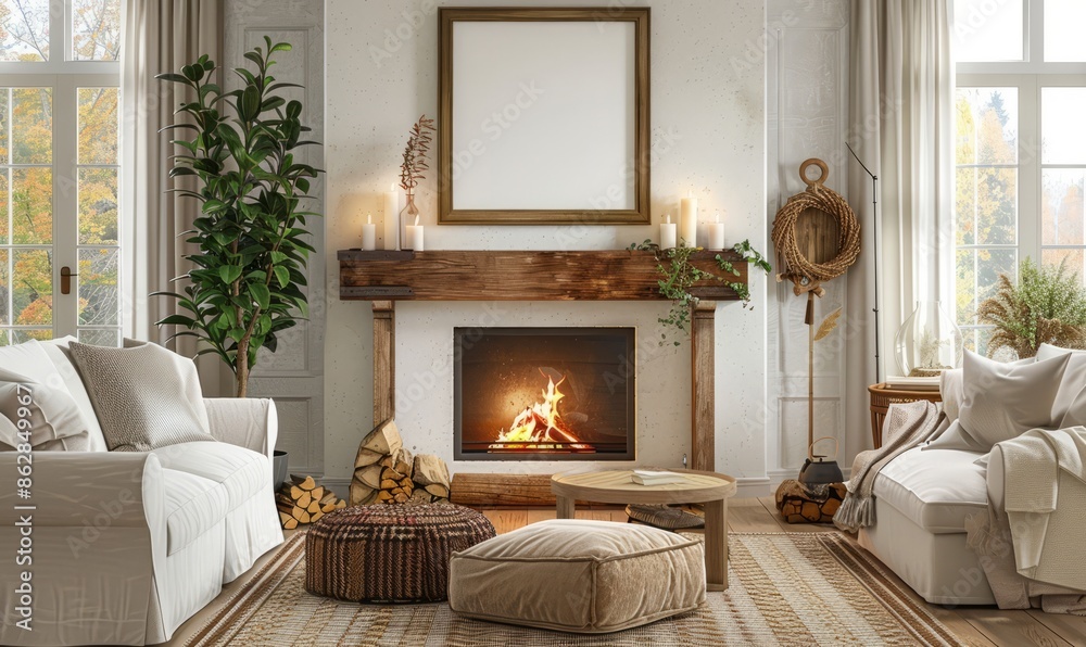Fototapeta premium Rustic living room with an empty frame above the mantel