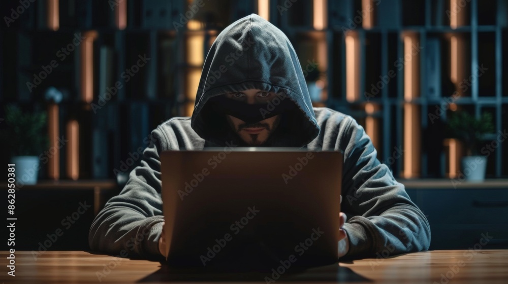 A person in a hoodie working on a laptop in a dark room, highlighting potential cyber security risks. A person in a hoodie working on a laptop in a dark room, highlighting potential cyber security risks.