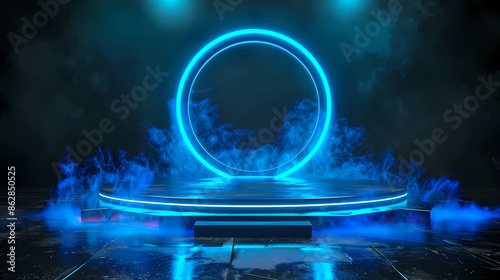 Abstract blue glowing round podium