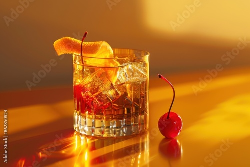 An antique cocktail reminiscent of the past, with a hint of citrus and a cherry on top, presented in stunning 8k quality photo