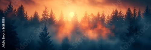 Dense fog rolling over a pine forest at dawn creating a mysterious and ethereal atmosphere © Premium Graphics