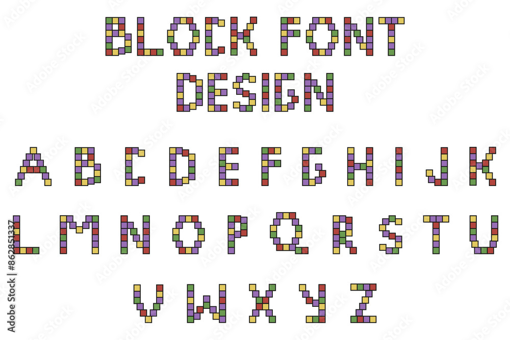Playful Y2K Font design isolated white. Coloref bricks block Alphabet template. Retro craft games vector illustration can used web text, banner, poster design. EPS 10 Playful Y2K Font design isolated white. Coloref bricks block Alphabet template. Retro craft games vector illustration can used web text, banner, poster design. EPS 10