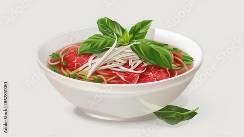 Savory Delight. A bowl of pho with basil, sprouts, and noodles. photo