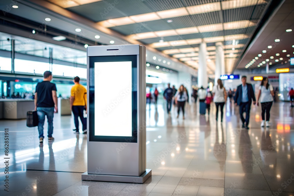 Blank smart kiosk mockup standing in a busy airport, blurred people. Empty template of touch screen in modern hallway Blank smart kiosk mockup standing in a busy airport, blurred people. Empty template of touch screen in modern hallway