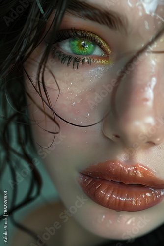 close up of a woman with glossy lips and green eyes, brown hair, wearing liquid latex in the style of an anime-inspired character design, fluid photography, surrealist beauty, ethereal art nouveau