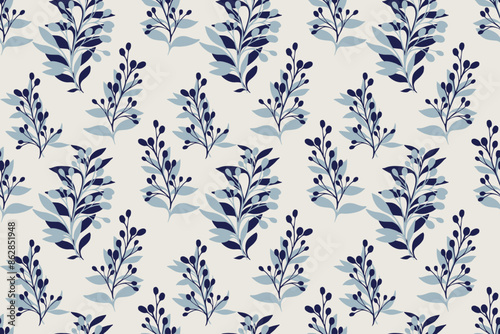 Plain pattern with blue abstract shapes branches leaves on a light background. Vector hand drawing sketch. Creative unique floral stems seamless print. Design for fashion, fabric, wallpaper, textiles