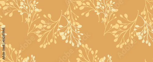 Vintage minimal pattern with shapes branches on a yellow background. Vector hand drawing sketch. Plain unique abstract floral stems intertwined in a seamless print. Design for fashion, fabric, textile