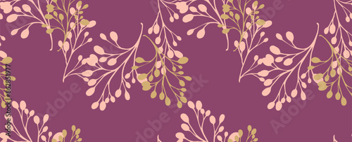Minimalist pattern with shapes abstract branches on a purple background. Vector hand drawing sketch. Plain unique floral stems intertwined in a seamless print. Design for fashion, fabric, wallpaper