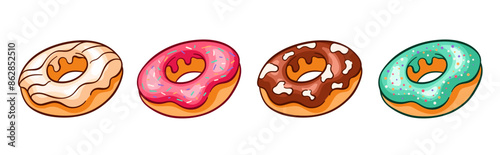 Donut collection in cartoon. Set of chocolates, vanilla, glaze sweets for bakery design. Vector illustration isolated on a white background.