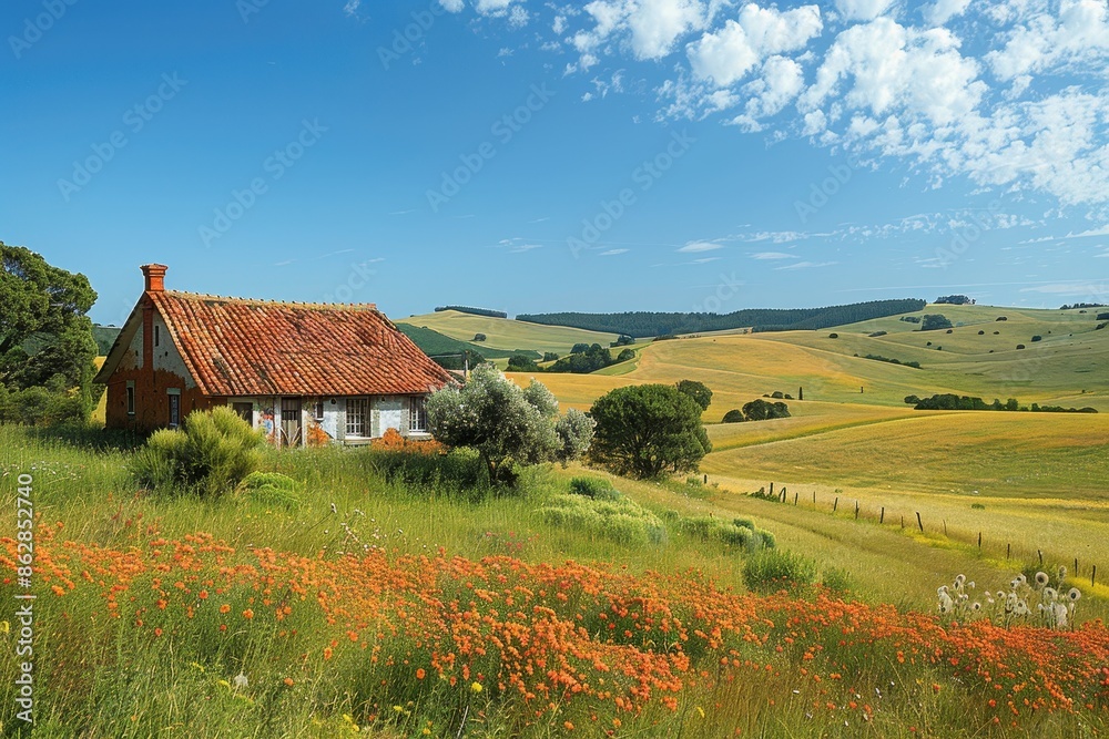 A peaceful countryside scene with rolling hills, a small farmhouse, and a clear blue sky. A peaceful countryside scene with rolling hills, a small farmhouse, and a clear blue sky.