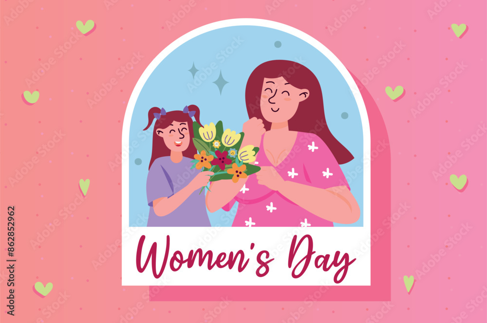 Women's Day sticker concept in flat cartoon design. This image shows a little girl giving her mother a bouquet of flowers on a background decorated with hearts and stars. Vector illustration. Women's Day sticker concept in flat cartoon design. This image shows a little girl giving her mother a bouquet of flowers on a background decorated with hearts and stars. Vector illustration.