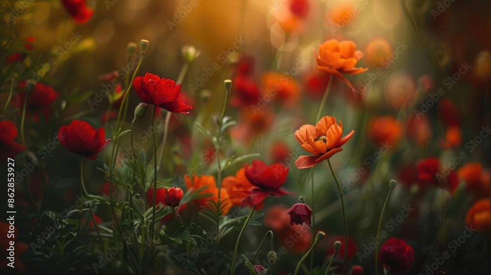 Fototapeta premium Shallow depth of field capturing stunning red and orange flowers in a garden at a grand British estate in the summer