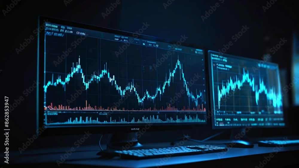 There are two computer monitors displaying stock market graphs with blue and green lines on a black background. There are two computer monitors displaying stock market graphs with blue and green lines on a black background.