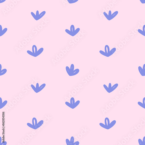 Vector floral seamless pattern. Abstract simple small blue tulips in hand drawn style on pink background. Retro vibe. Cottage core. Design for fabric, wallpaper, wrapping paper, cover, invitation