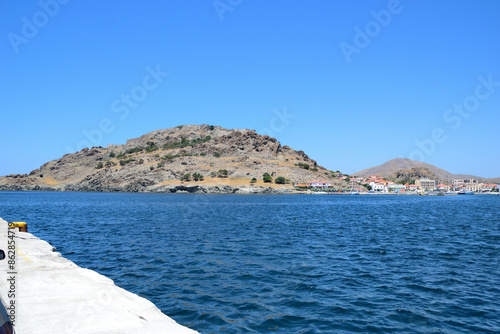 the hill of the fortress at the entrance to the port - Myrina, Limnos (lemnos) island, Greece, aegean sea photo