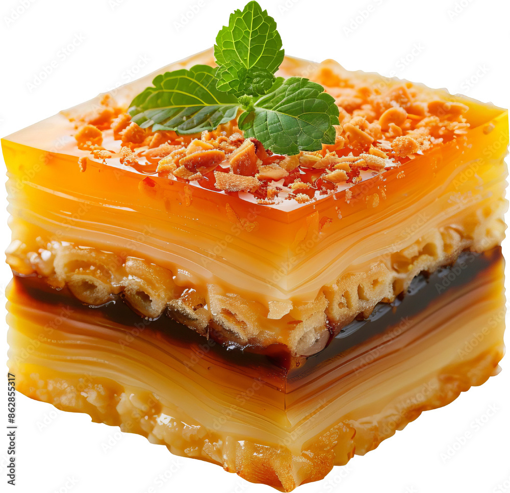 Delicious layered jelly dessert garnished with mint and crumbs, showcasing vibrant colors and appealing textures. Delicious layered jelly dessert garnished with mint and crumbs, showcasing vibrant colors and appealing textures.