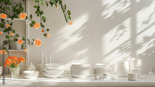 Minimalist kitchen shelves with white dishes and flowers photo