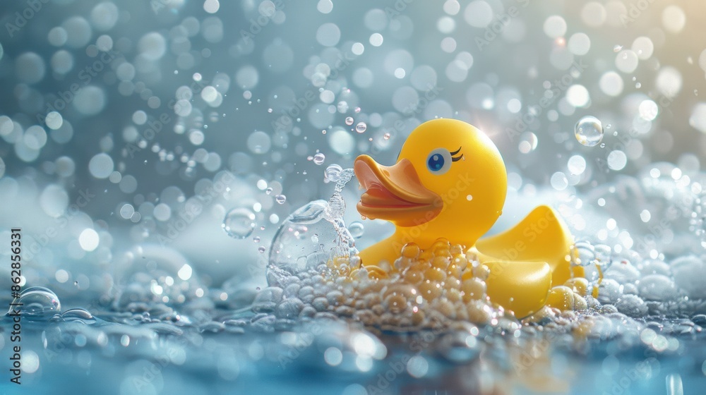 A cheerful yellow rubber duck surrounded by bubbles in a bath, creating a playful and joyful scene with sparkling water droplets. A cheerful yellow rubber duck surrounded by bubbles in a bath, creating a playful and joyful scene with sparkling water droplets.