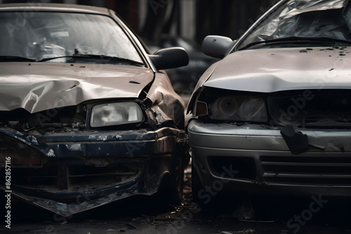 car accident. frontal crash of two cars closeup