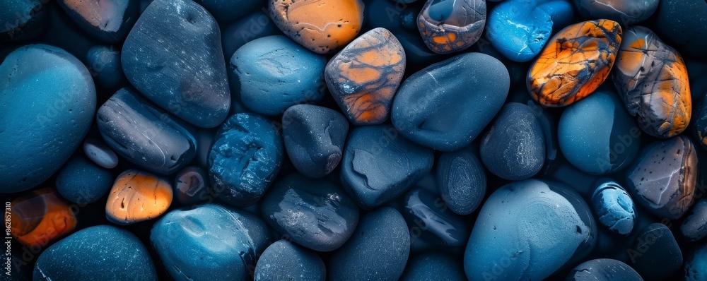 Vibrant blue and orange pebbles creating a calming and colorful abstract background Vibrant blue and orange pebbles creating a calming and colorful abstract background