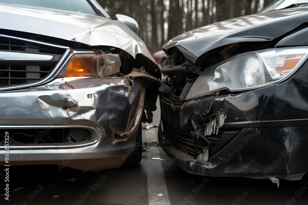car accident. frontal crash of two cars closeup car accident. frontal crash of two cars closeup
