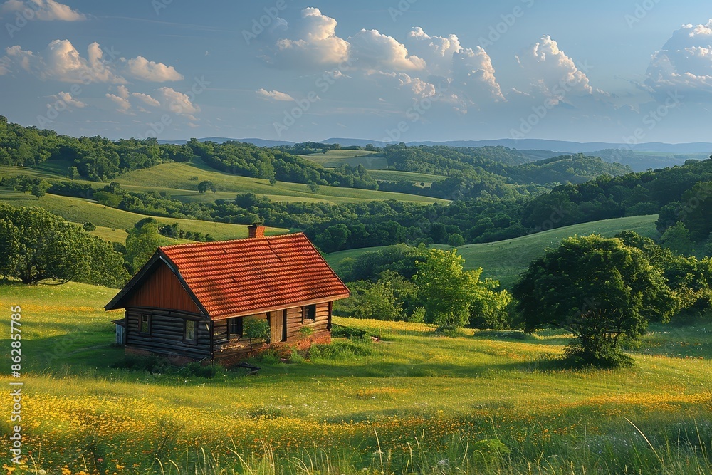 A peaceful countryside scene with rolling hills, a small farmhouse, and a clear blue sky. A peaceful countryside scene with rolling hills, a small farmhouse, and a clear blue sky.