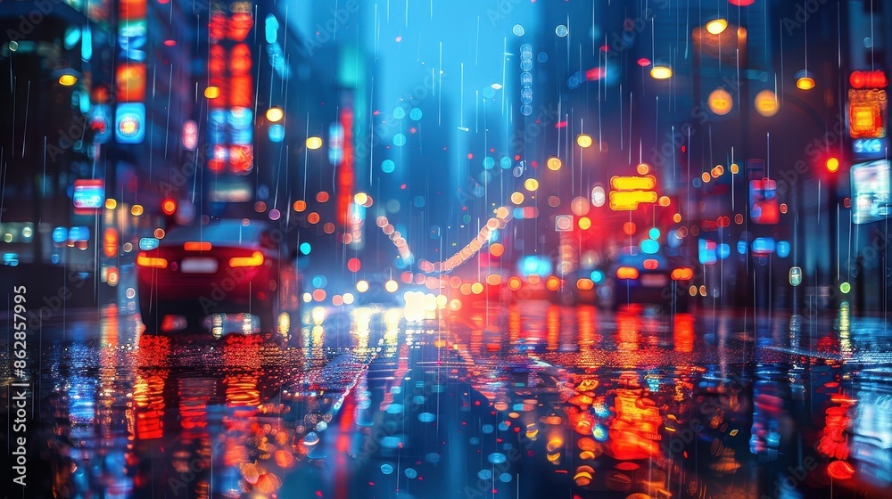 This vibrant image captures a wet city street at night, with colorful ...