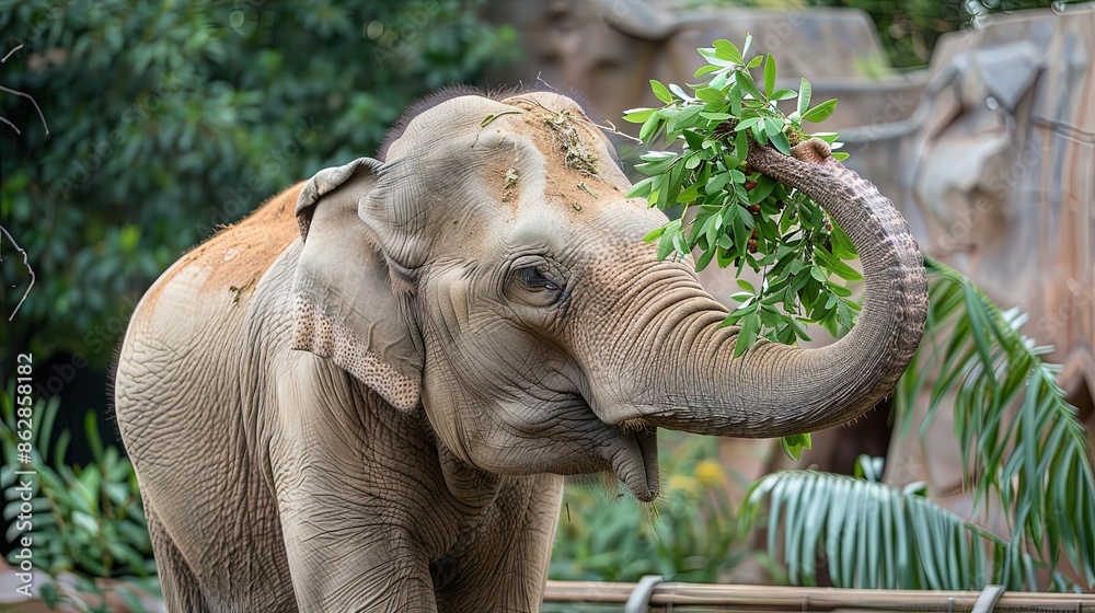 Fototapeta premium Elephant Eating: An elephant pulling leaves from a tree with its trunk.