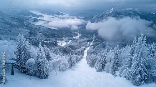 A breathtaking view of snow-covered mountains and ski slopes with dense evergreen trees, creating a serene and winter wonderland atmosphere perfect for winter sports enthusiasts.