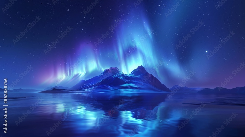 Naklejka premium Sapphire Northern Lights Vector Illustration: Glowing Streaks, Starry Sky, Symmetrical Composition with Water Reflection, Digital Art