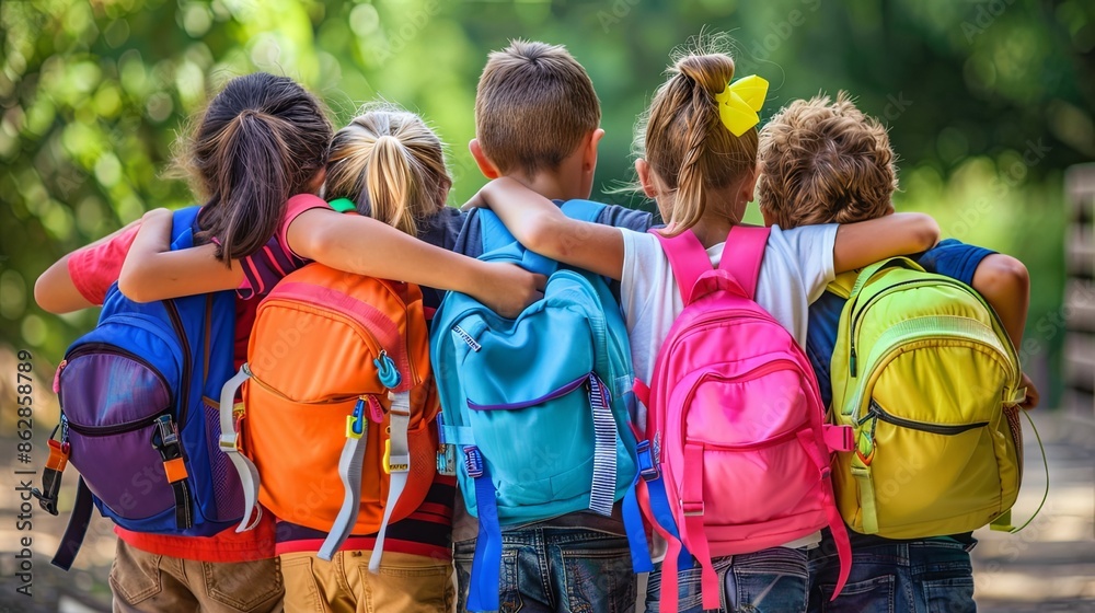 © David Zarzosa - A group of kids with colorful backpacks Hugging together for back to school day. © David Zarzosa - A group of kids with colorful backpacks Hugging together for back to school day.