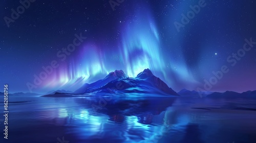 Sapphire Northern Lights Vector Illustration: Glowing Streaks, Starry Sky, Symmetrical Composition with Water Reflection, Digital Art © JINGWEN