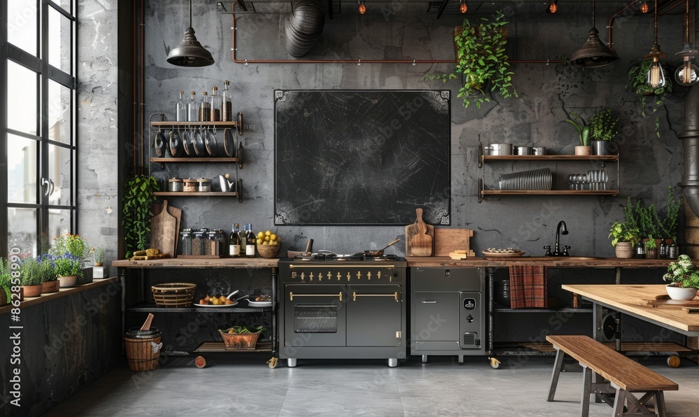 Industrial kitchen with a mockup chalkboard on the wall Industrial kitchen with a mockup chalkboard on the wall