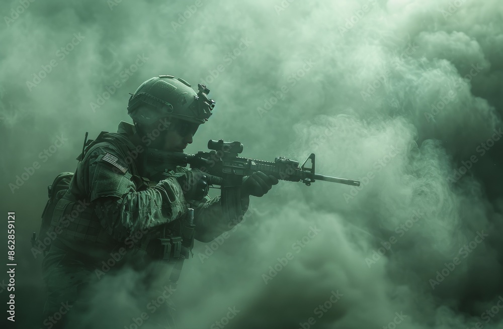 Military Soldier Holding Rifle in Smoke During Training Exercise Military Soldier Holding Rifle in Smoke During Training Exercise