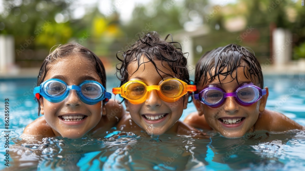 Three kids wearing colorful goggles, swimming in a pool and smiling, enjoying a fun and refreshing summer day. Three kids wearing colorful goggles, swimming in a pool and smiling, enjoying a fun and refreshing summer day.