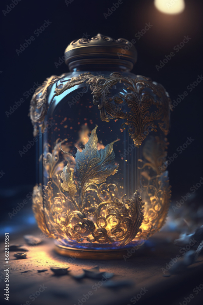 Enchanted Ornate Glass Jar with Glowing Magical Leaf Inside for Fantasy Decor Enchanted Ornate Glass Jar with Glowing Magical Leaf Inside for Fantasy Decor