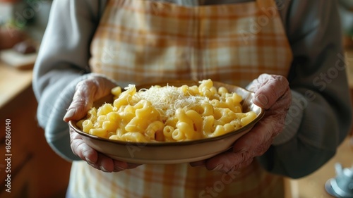 Elderly person holding bowl of macaroni and cheese