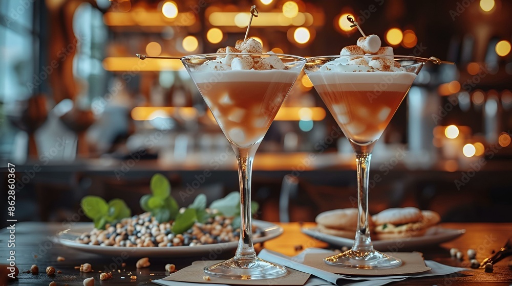 Two coffee glasses and dessert on a table. Two coffee glasses and dessert on a table.