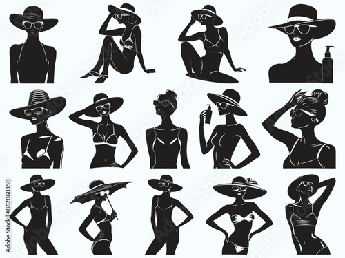 Summer Swim Wear beach women's Black Silhouette bundle. Summer Swimwear for Women and Women Flat Symbol. Swimsuit Hat women Silhouette standing beach Isolated Vector Illustration.